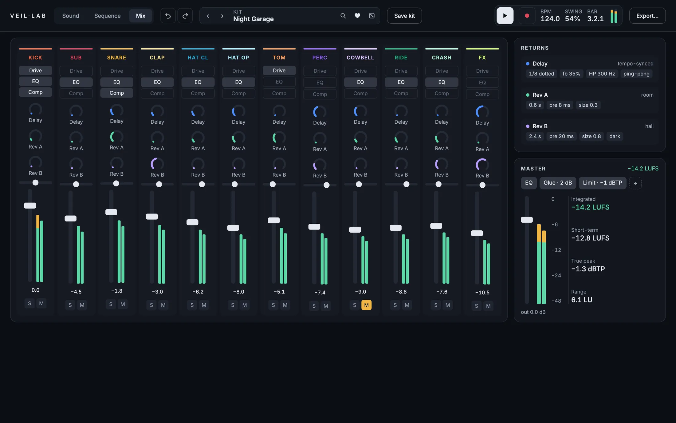 The mixer: twelve channels with drive, EQ, compression and sends, returns for delay and reverb, and a master measured in LUFS.