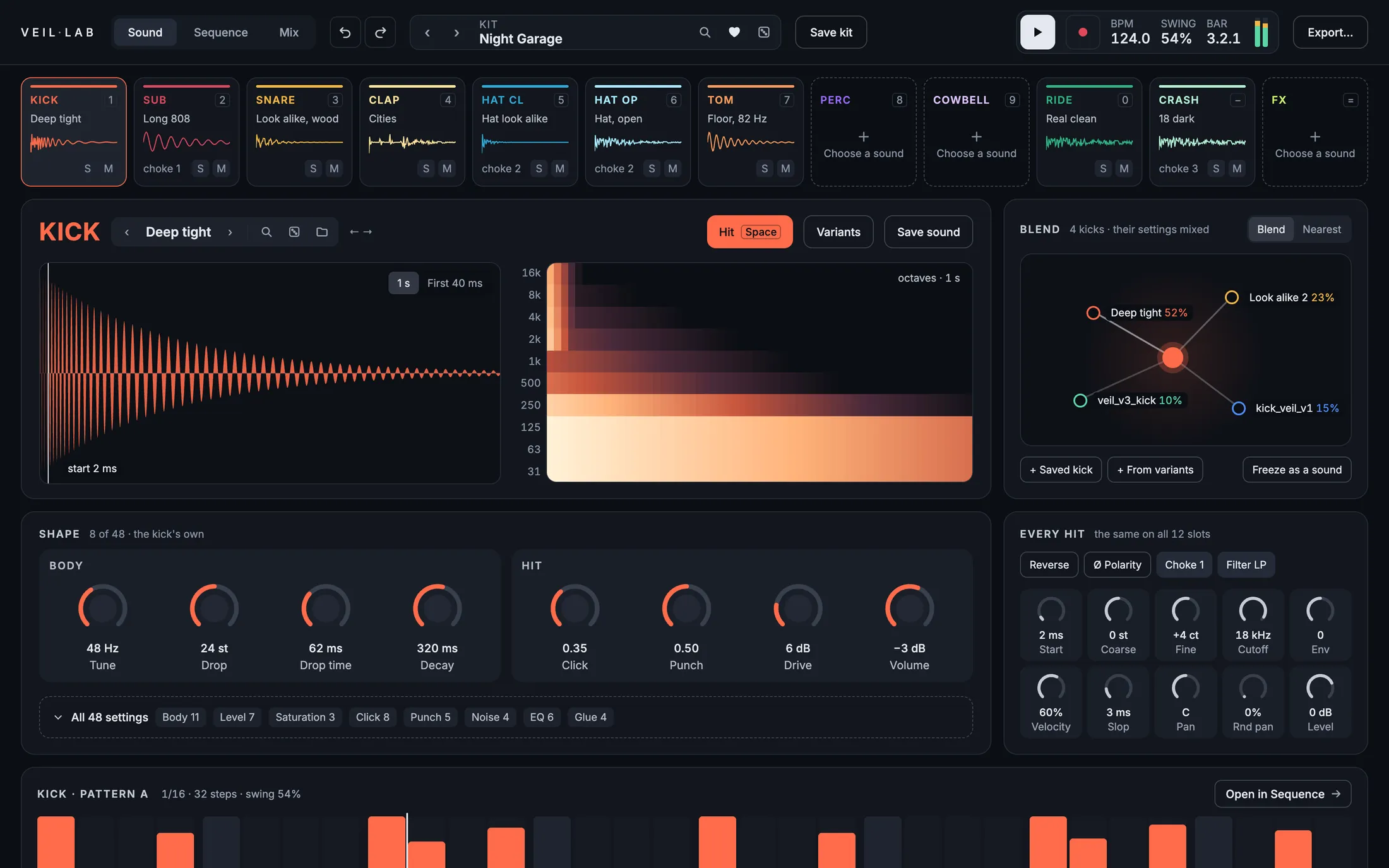 The sound designer: a kick's waveform and spectrum, its shape controls and a blend between four kicks.