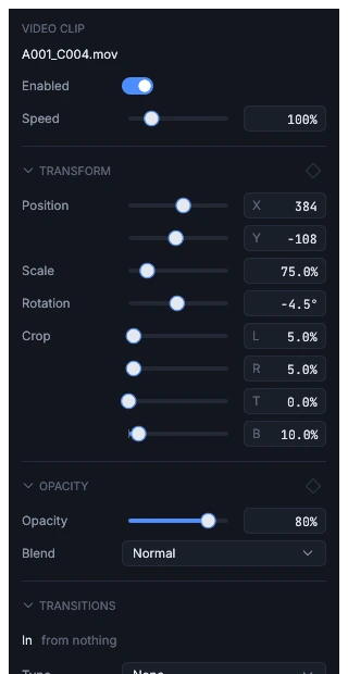 The inspector of a video clip: transform, crop, opacity, transitions and a film look with grain and flicker.
